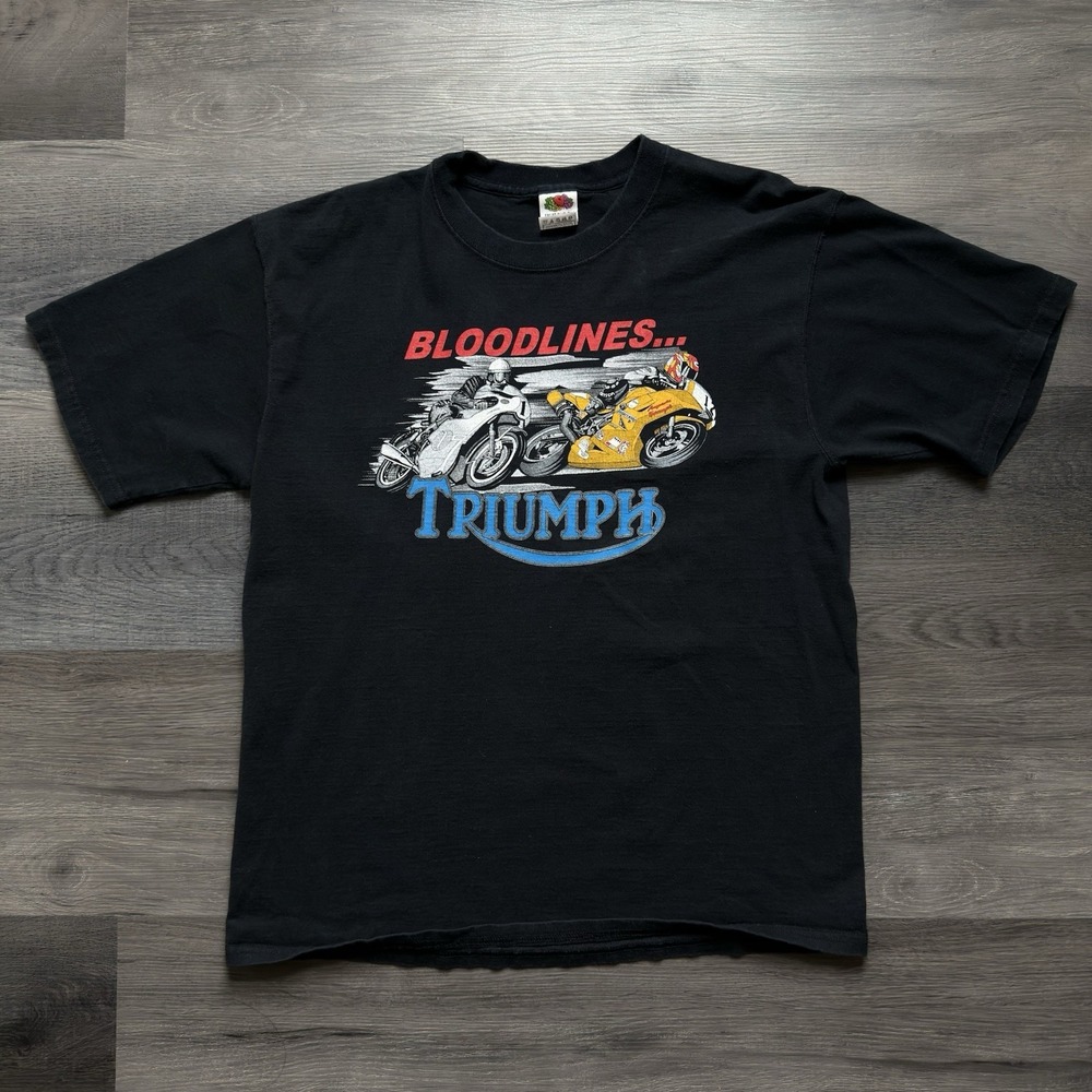 Y2K 2003 Bloodlines Triumph Motorcycle Tshirt Mens L Augusta Ducati Excel VTG